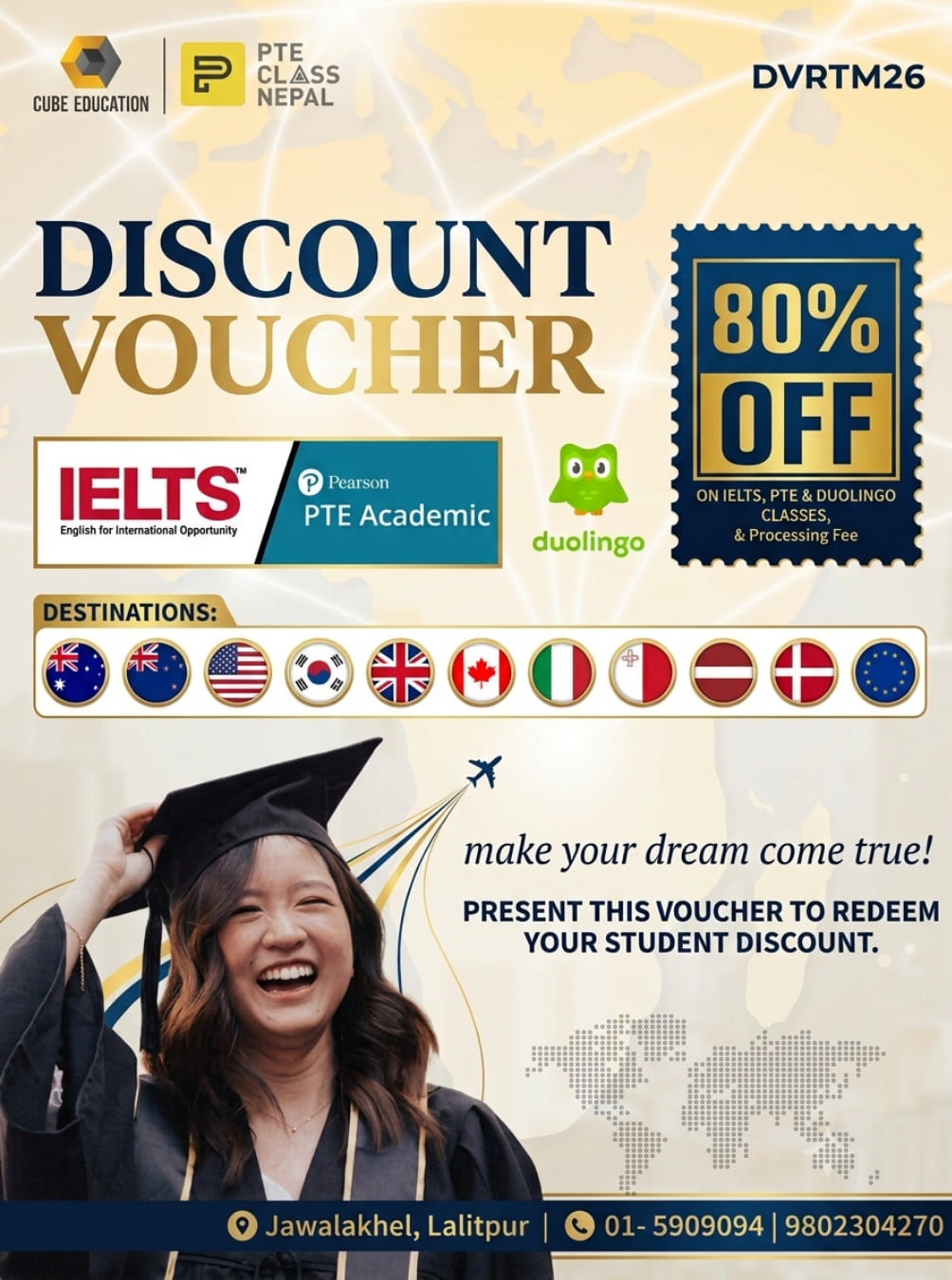 Cube Education discount voucher: 80% off IELTS, PTE and Duolingo classes and the processing fee. Voucher code DVRTM26.